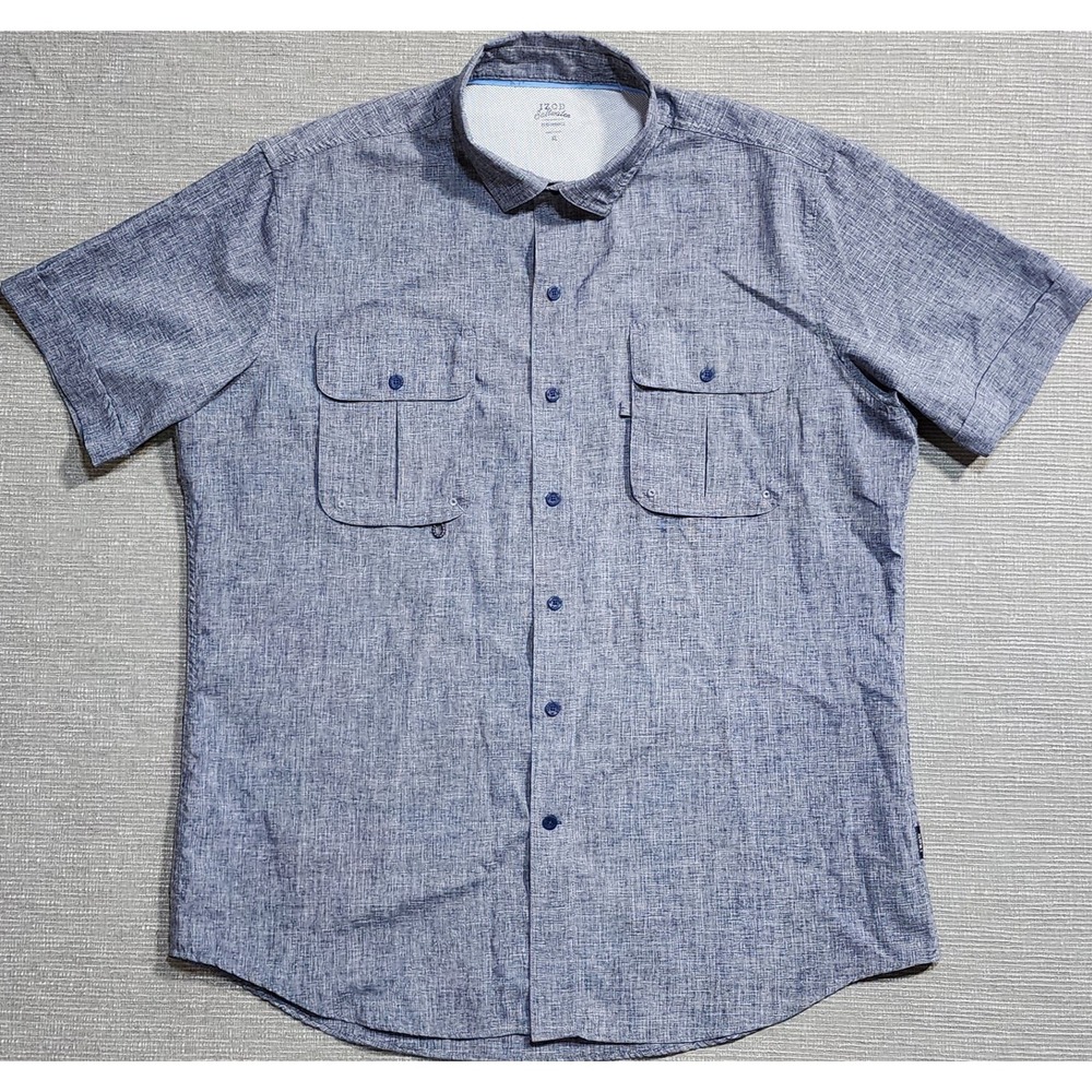 IZOD Saltwater Performance Mens XL Blue Short Sleeve Button Down Fishing Shirt